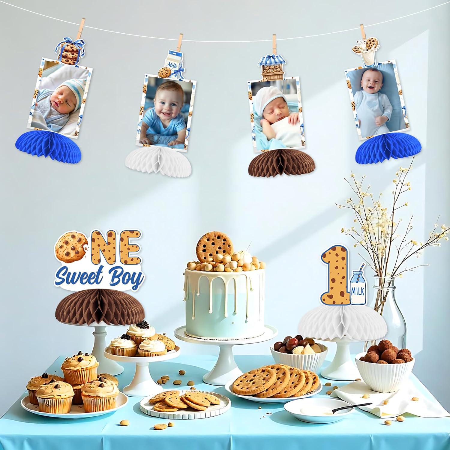 Milk & Cookies 1st Birthday Decorations 8PCS One Sweet Boy Honeycomb Centerpieces Table Decor