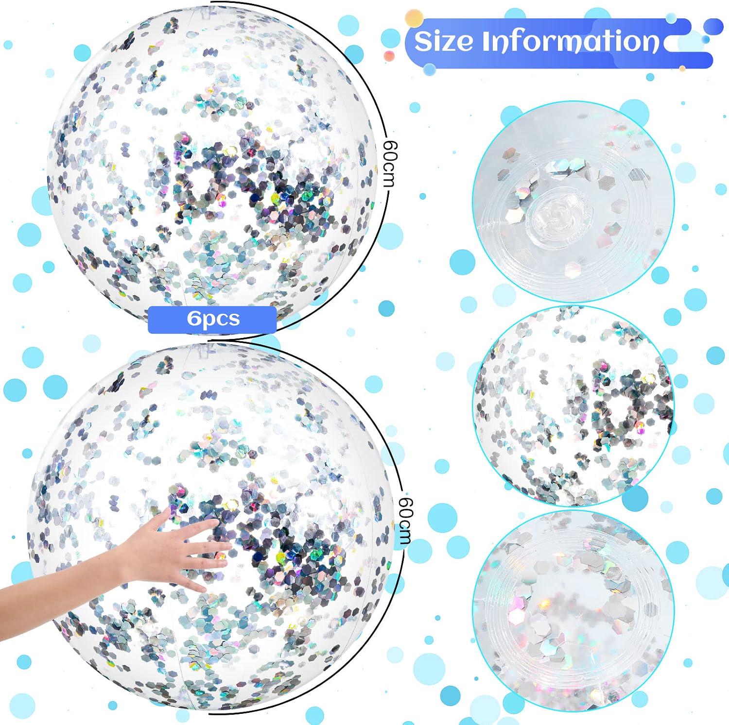 Silver Glitter Beach Balls, 24 Inch Confetti Pool Party Decorations (Set of 6)