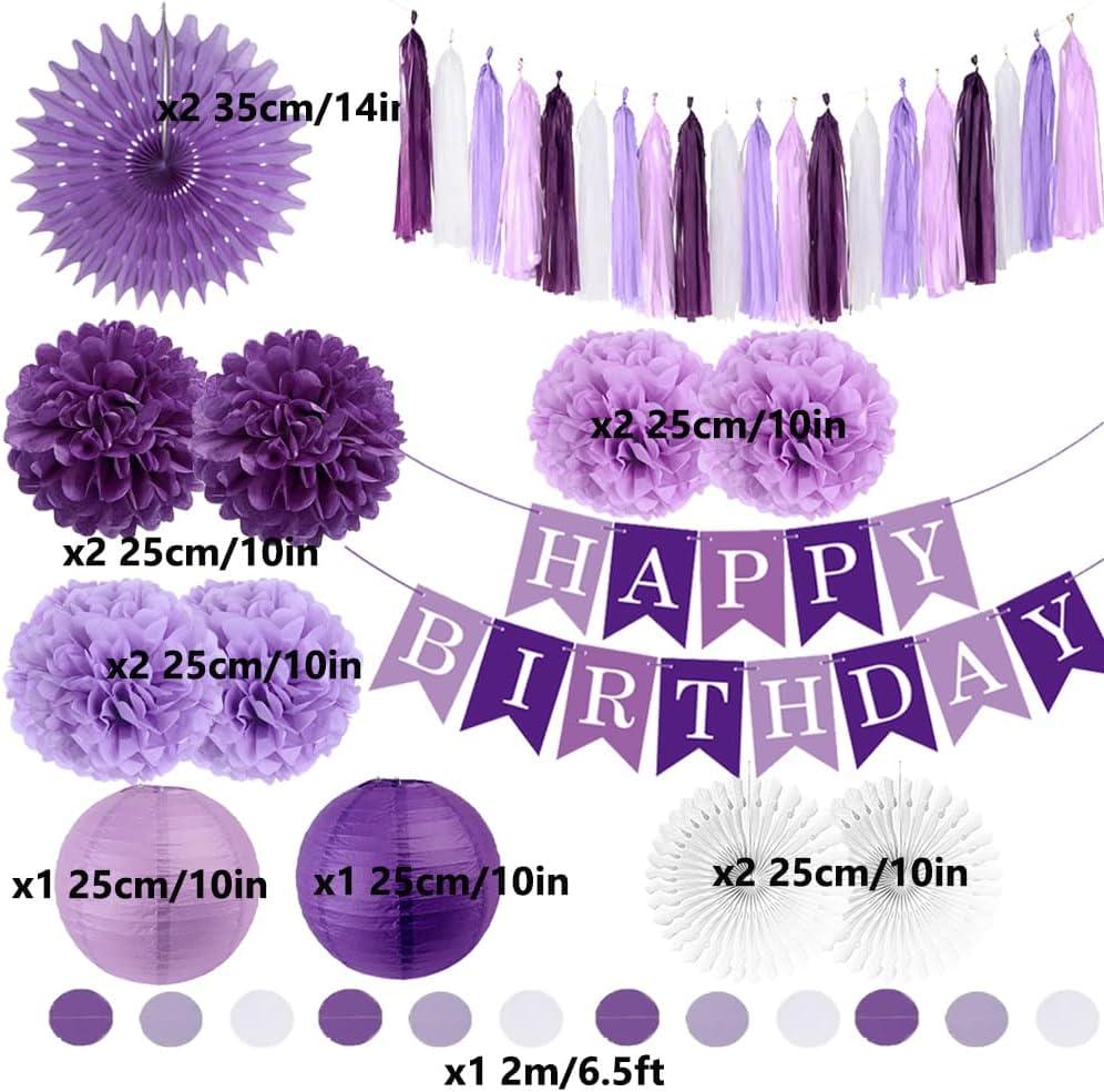 Purple Birthday Party Decorations Set: Tassels, Fans, Pom Poms, Banner