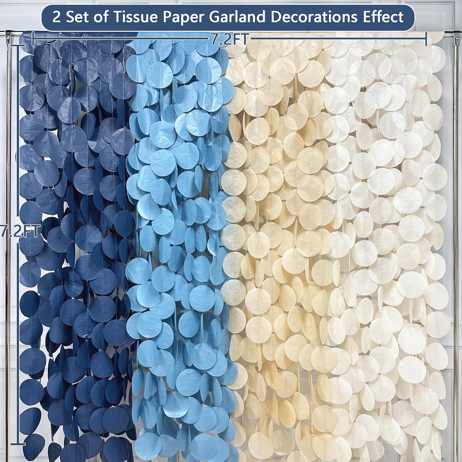 Dusty Blue Navy Beige Circle Garland: Tissue Paper Party Decorations for Weddings, Showers