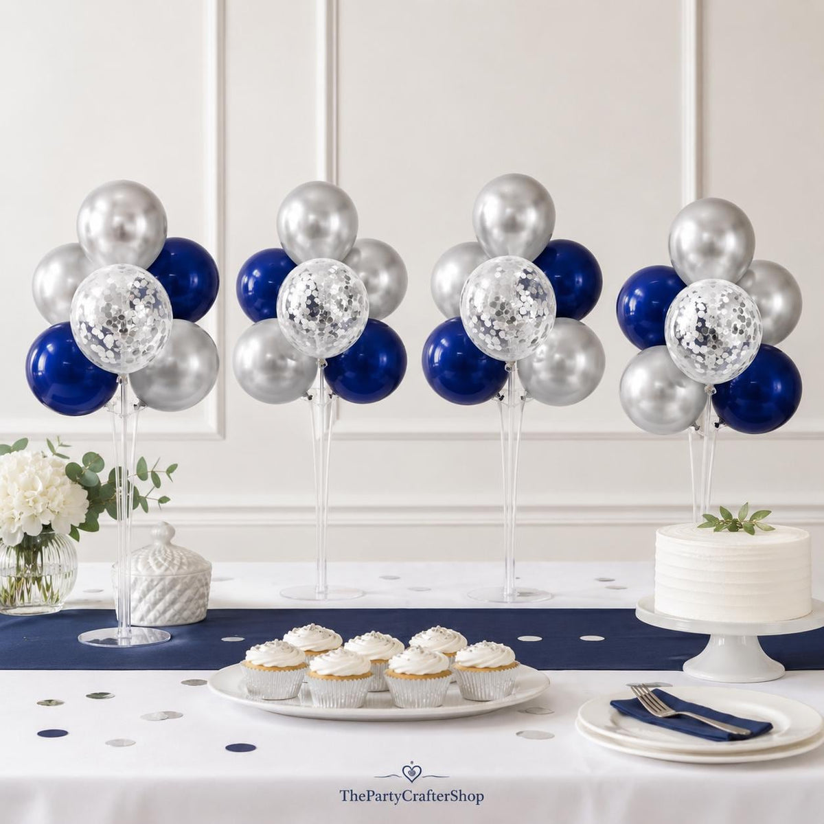 4 Set Navy Blue Silver Balloon Centerpieces Graduation 2026 Retirement Birthday Party Decor