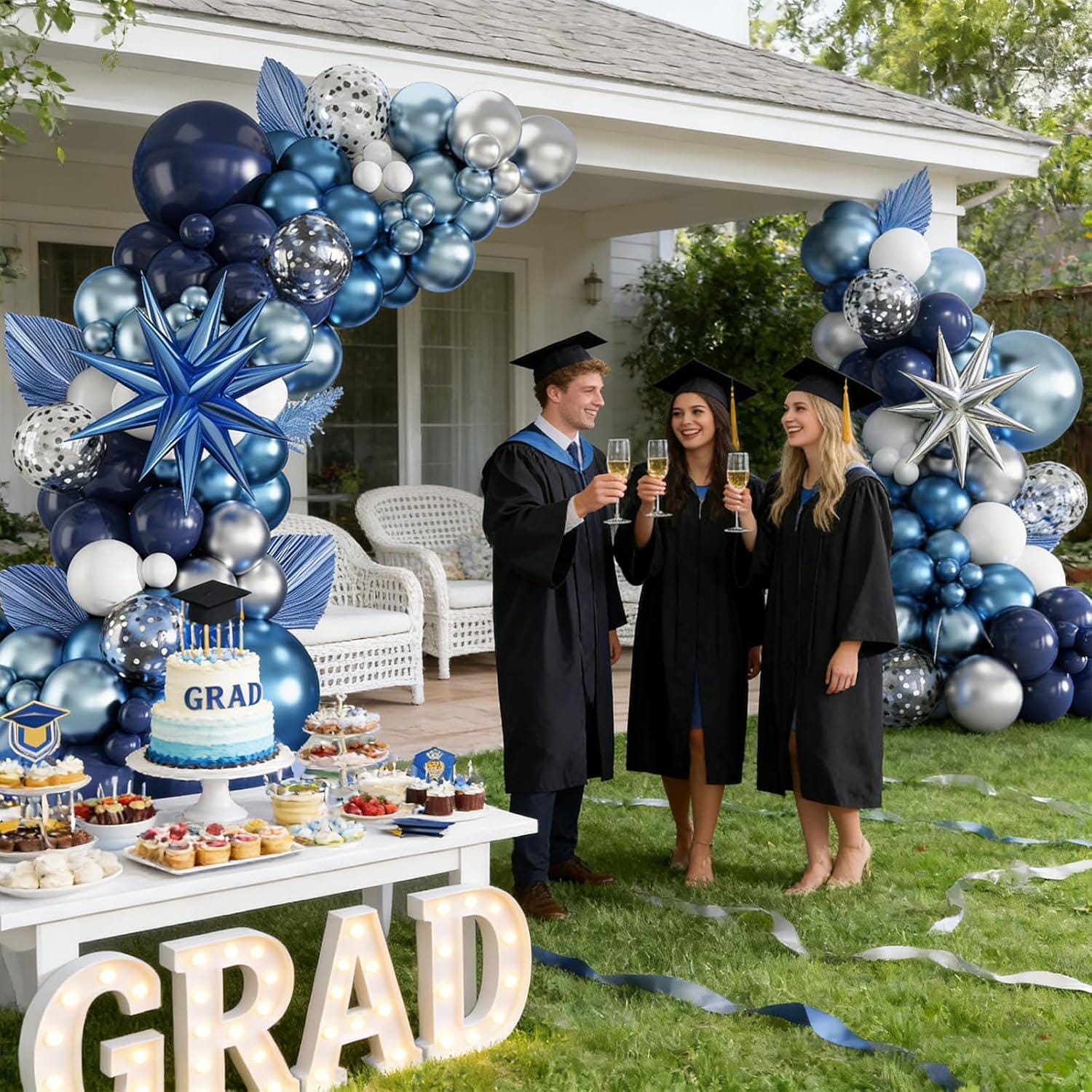 Blue Balloon Arch Kit 138 Pcs Navy White Metallic Silver Star Confetti Garland Decor