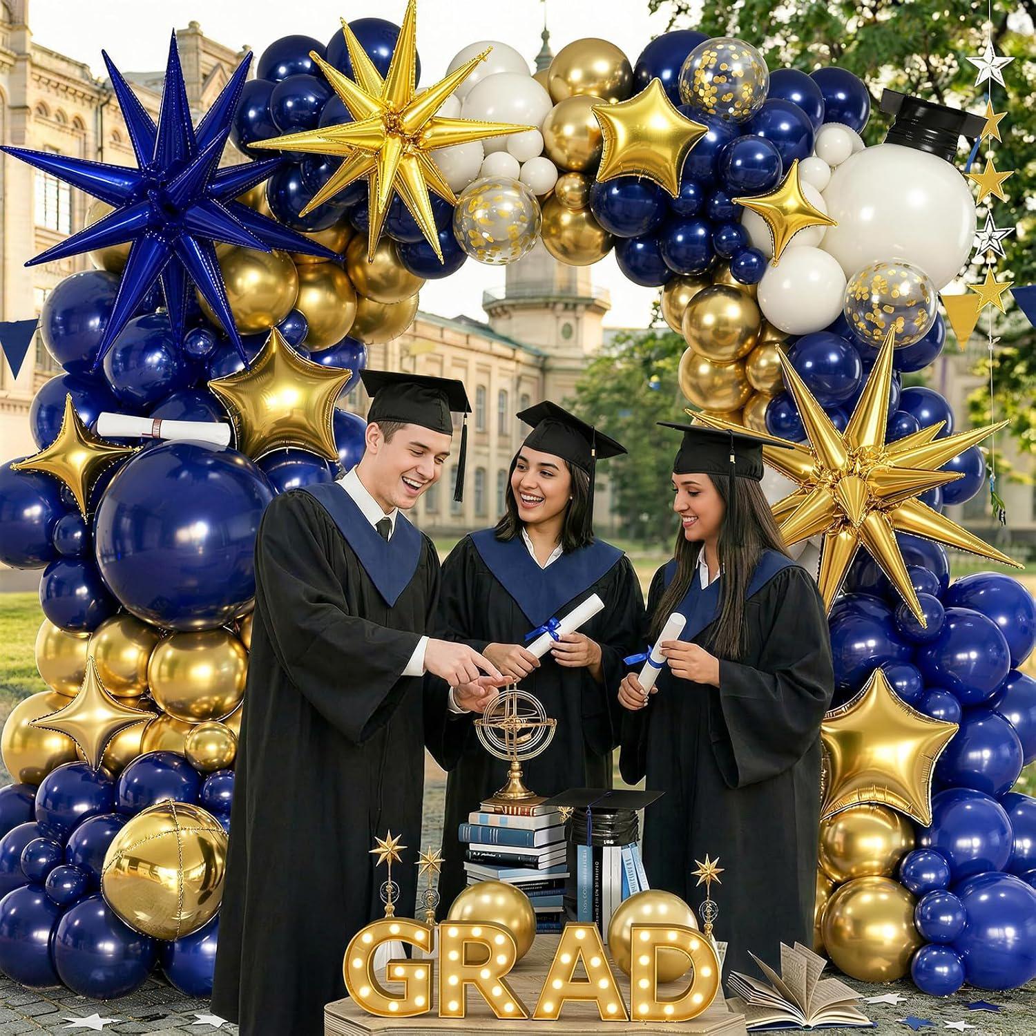 Graduation Balloon Garland Arch Kit: Navy Blue, Gold, White, Class of 2026 Party Decor