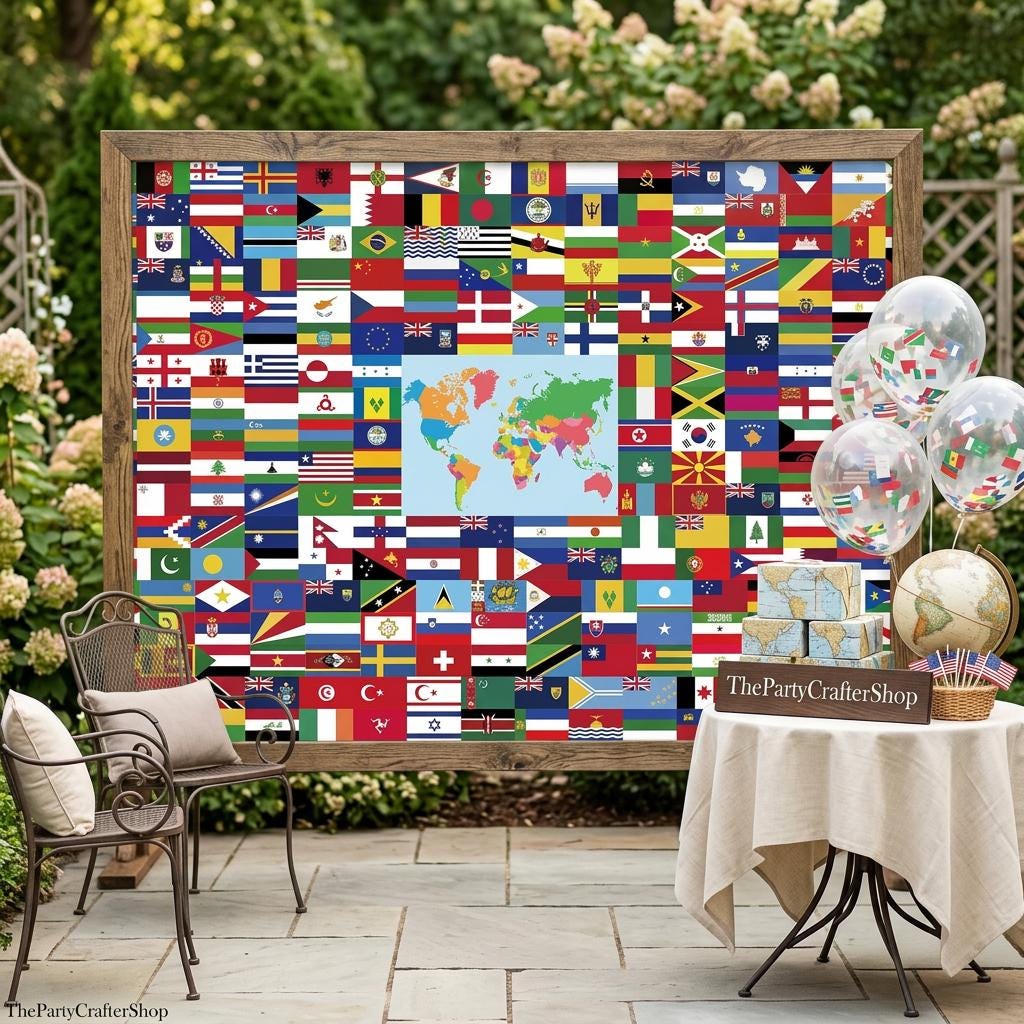 World Flag Banner Backdrop, International Country Fabric Party Decor (5x3ft)
