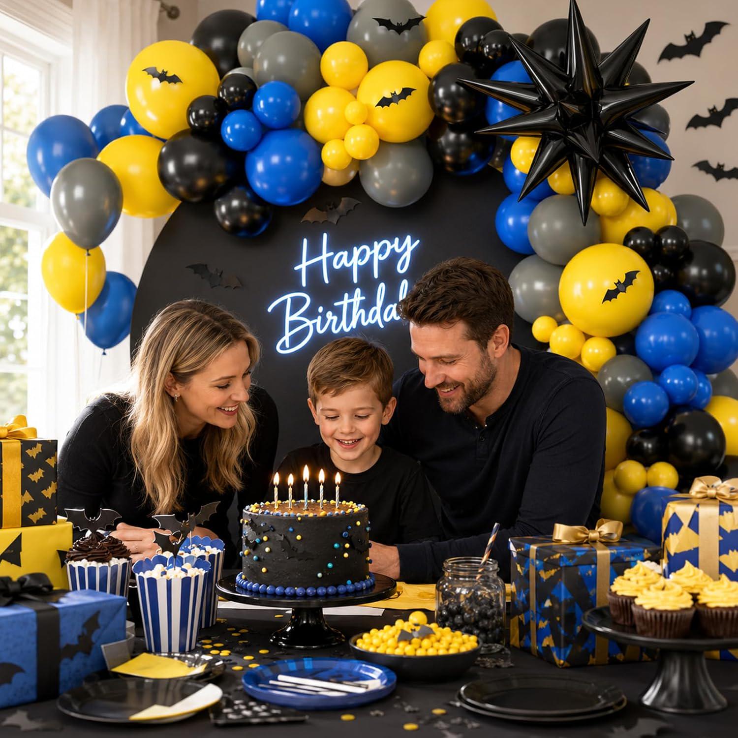 Black Yellow Grey Blue Balloon Arch Kit with Bat Stickers for Birthday Party Decorations