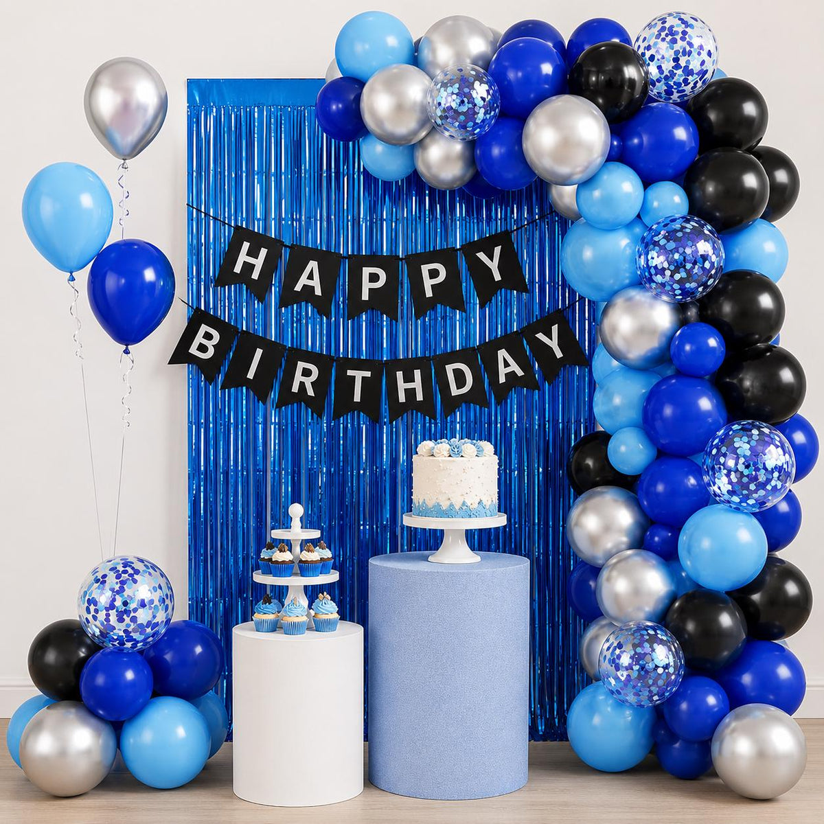 Blue Black Silver Balloon Kit with Foil Curtain Birthday Banner Party Decor