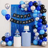 Blue Black Silver Balloon Kit with Foil Curtain Birthday Banner Party Decor