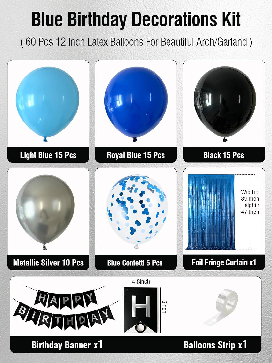 Blue Black Silver Balloon Kit with Foil Curtain Birthday Banner Party Decor