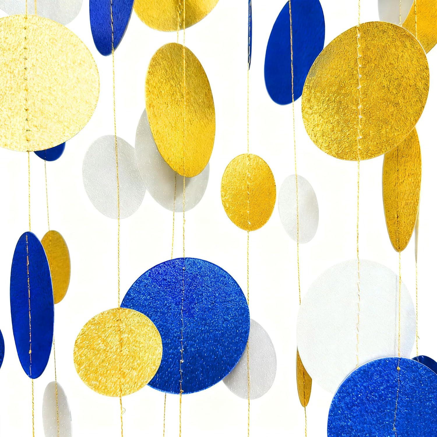 Royal Blue Gold White Polka Dot Garland Hanging Paper Circle Streamer Party Decor