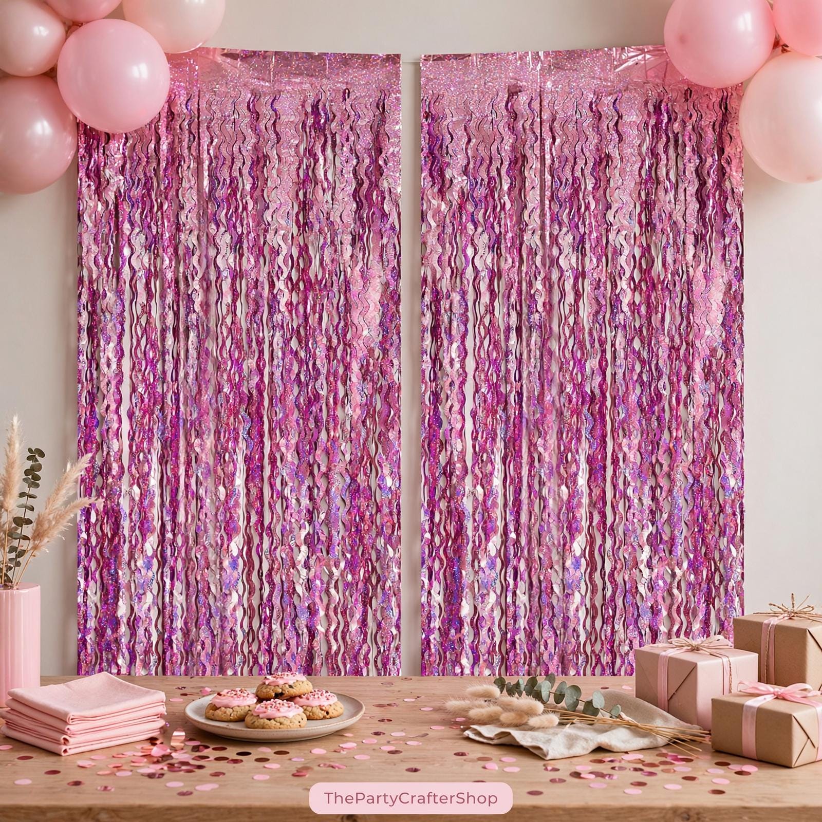 Pink Foil Fringe Curtain Backdrop Wavy Metallic Streamer Party Decorations