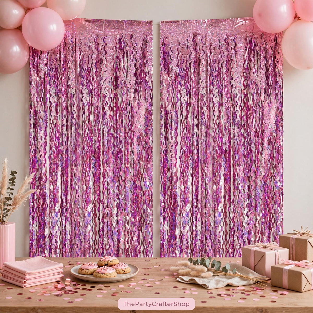 Pink Foil Fringe Curtain Backdrop Wavy Metallic Streamer Party Decorations