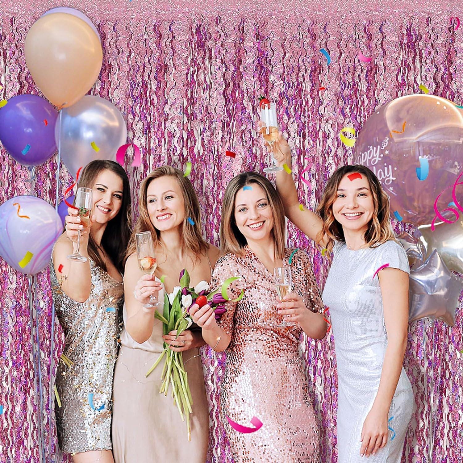 Pink Foil Fringe Curtain Backdrop Wavy Metallic Streamer Party Decorations