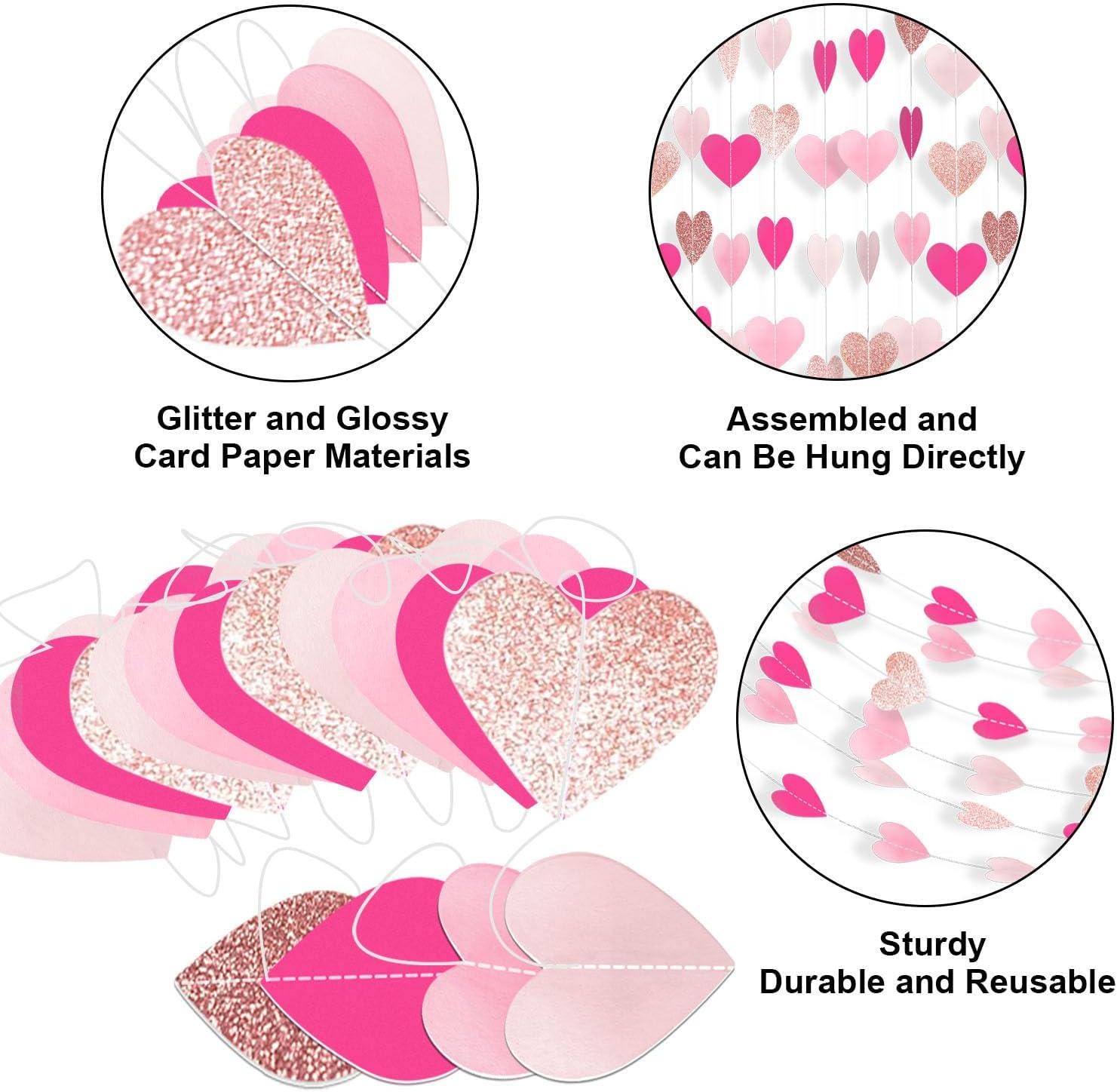 Hot Pink Rose Gold Heart Garland | 52ft Paper Streamer Banner (Party Decor)