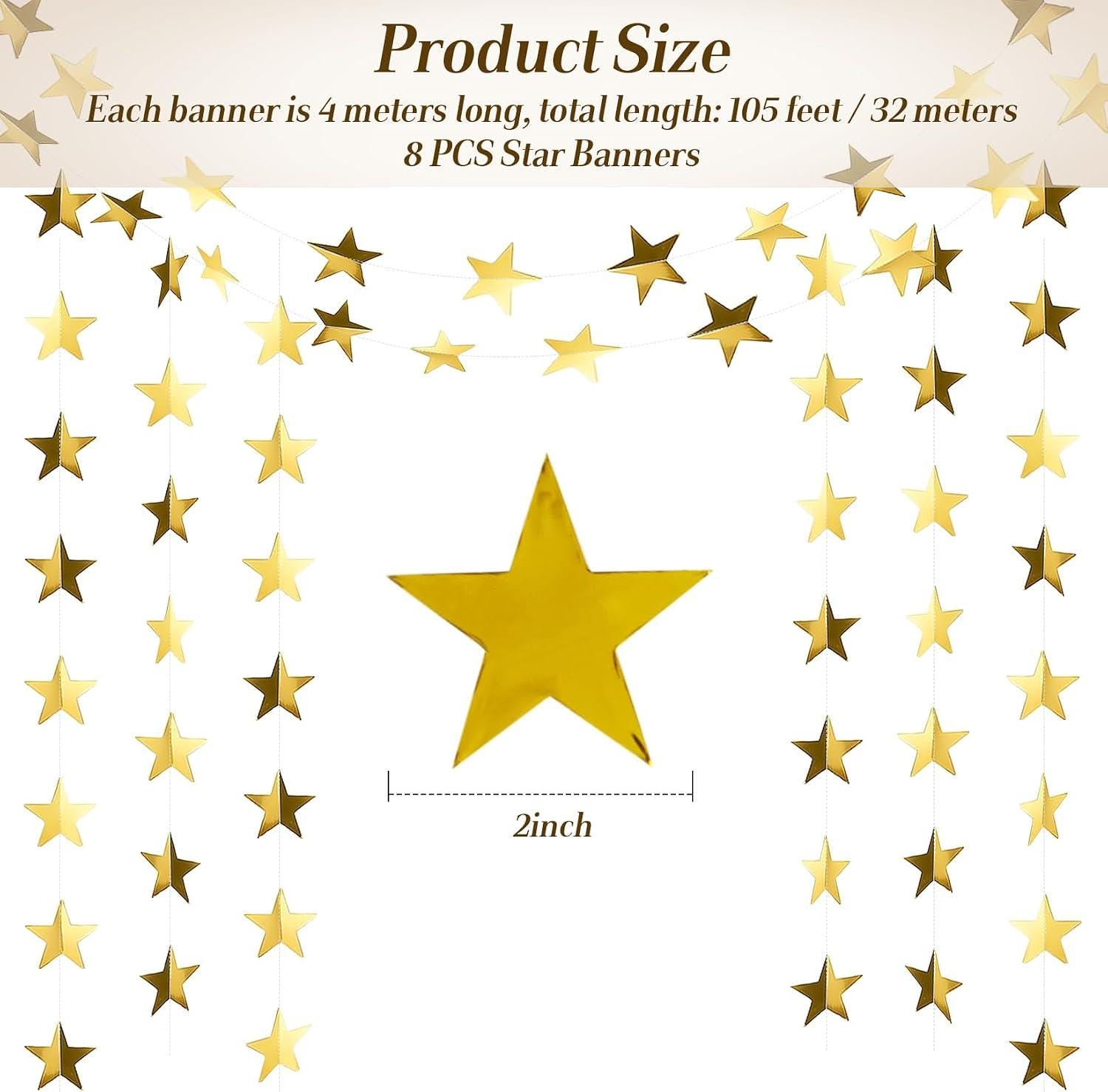 104ft Gold Star Garland | 8 Pc Glitter Hanging Star Banner | Birthday Wedding Christmas Party Decorations
