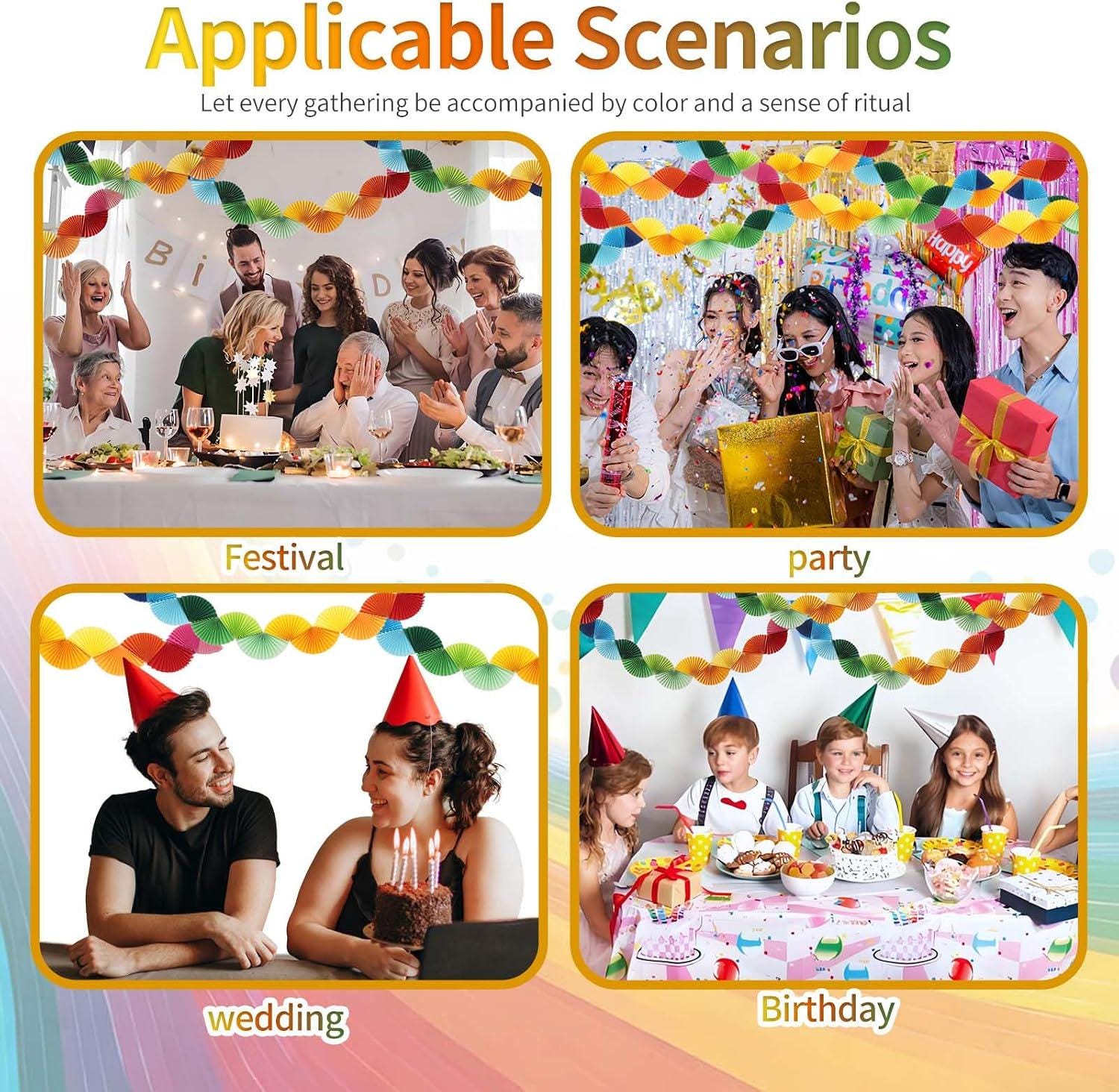 Rainbow Fan Garland | 4 Pack Colorful Paper Chain Banner | Birthday Wedding Shower Party Decorations
