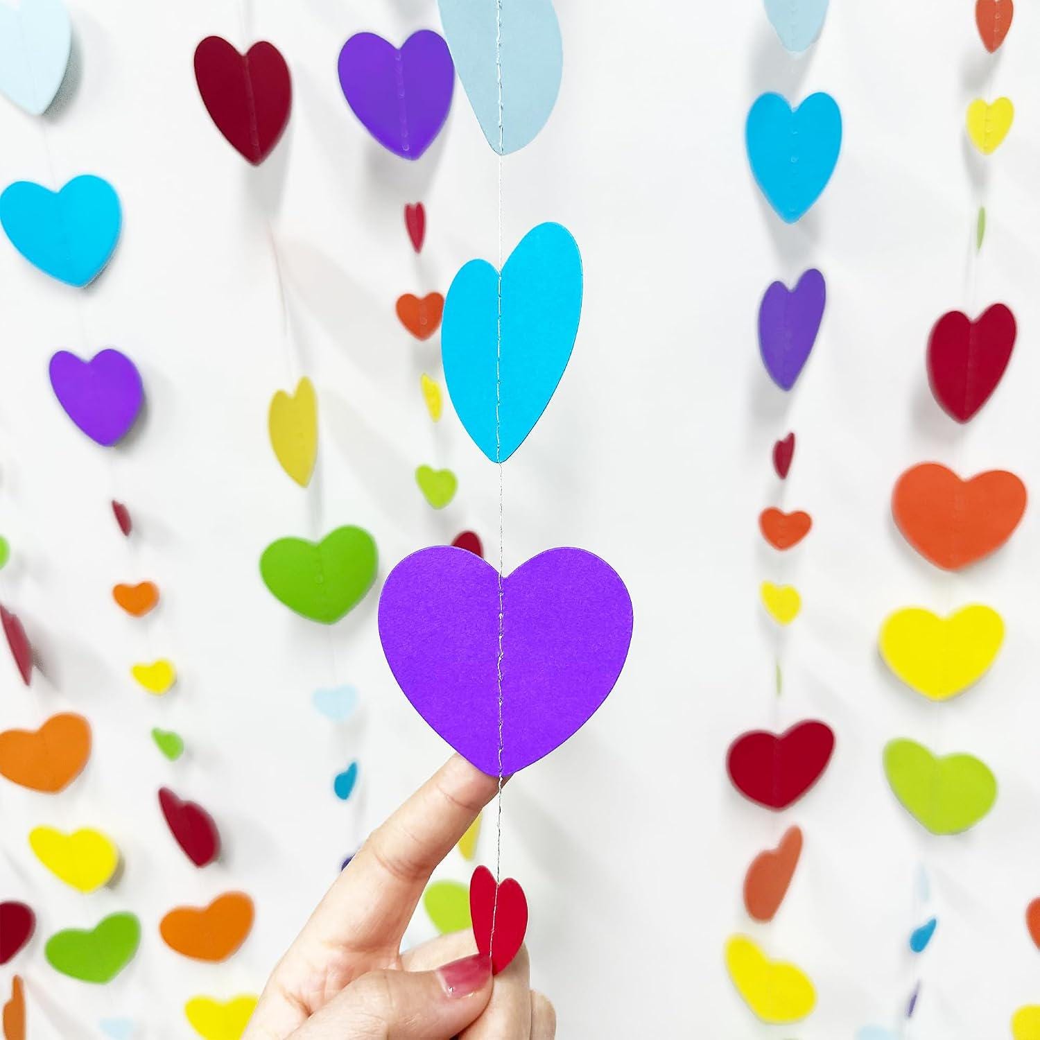 52ft Rainbow Heart Garland | Colorful Paper Love Streamer Banner | Valentine Birthday Wedding Shower Decor