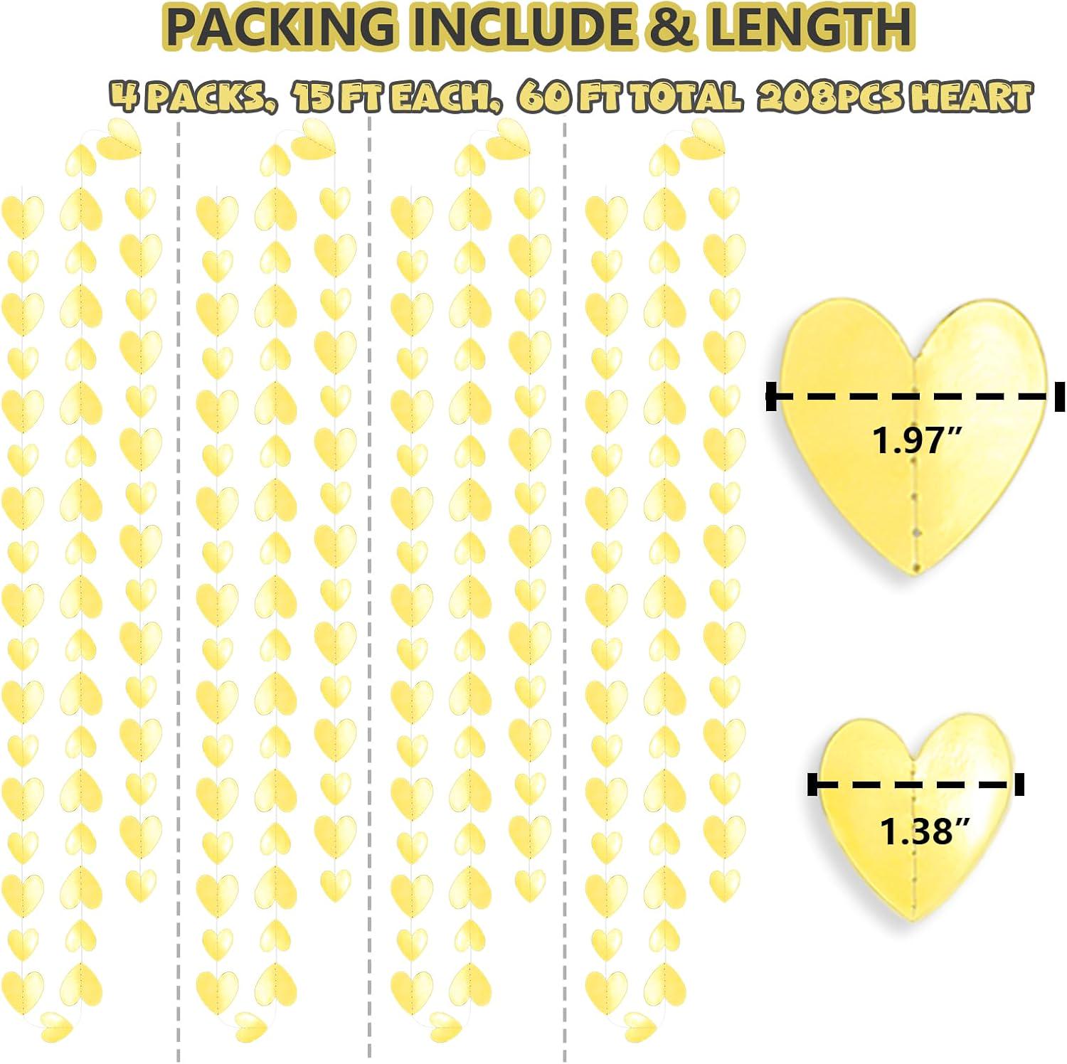 Metallic Gold Heart Garland | 56ft Glitter Paper Banner (Valentine, Birthday, Baby Shower)