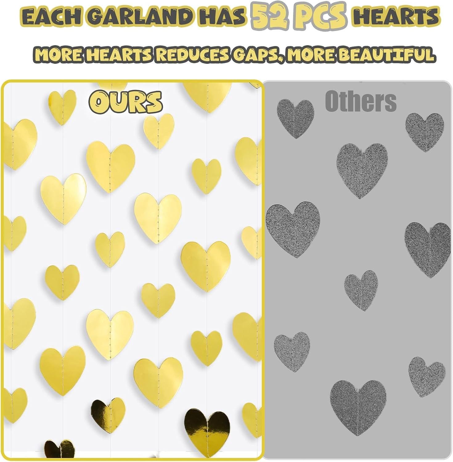 Metallic Gold Heart Garland | 56ft Glitter Paper Banner (Valentine, Birthday, Baby Shower)
