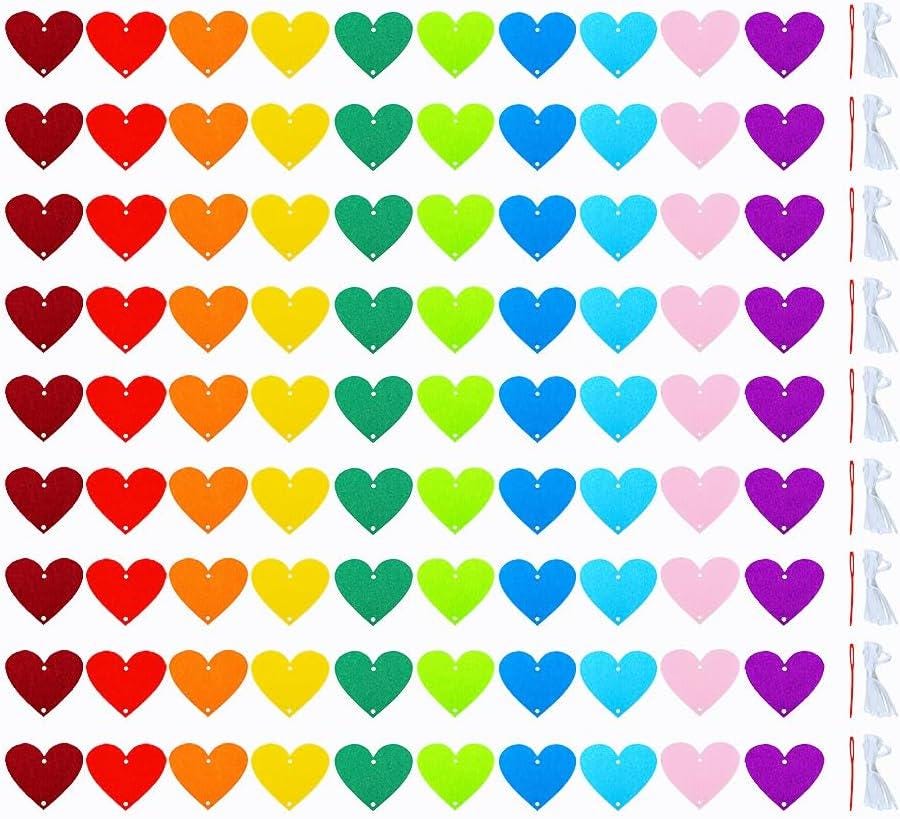 9 Pack Colorful Felt Heart Garland | Rainbow DIY Heart Banner | Wedding Birthday Party Decorations