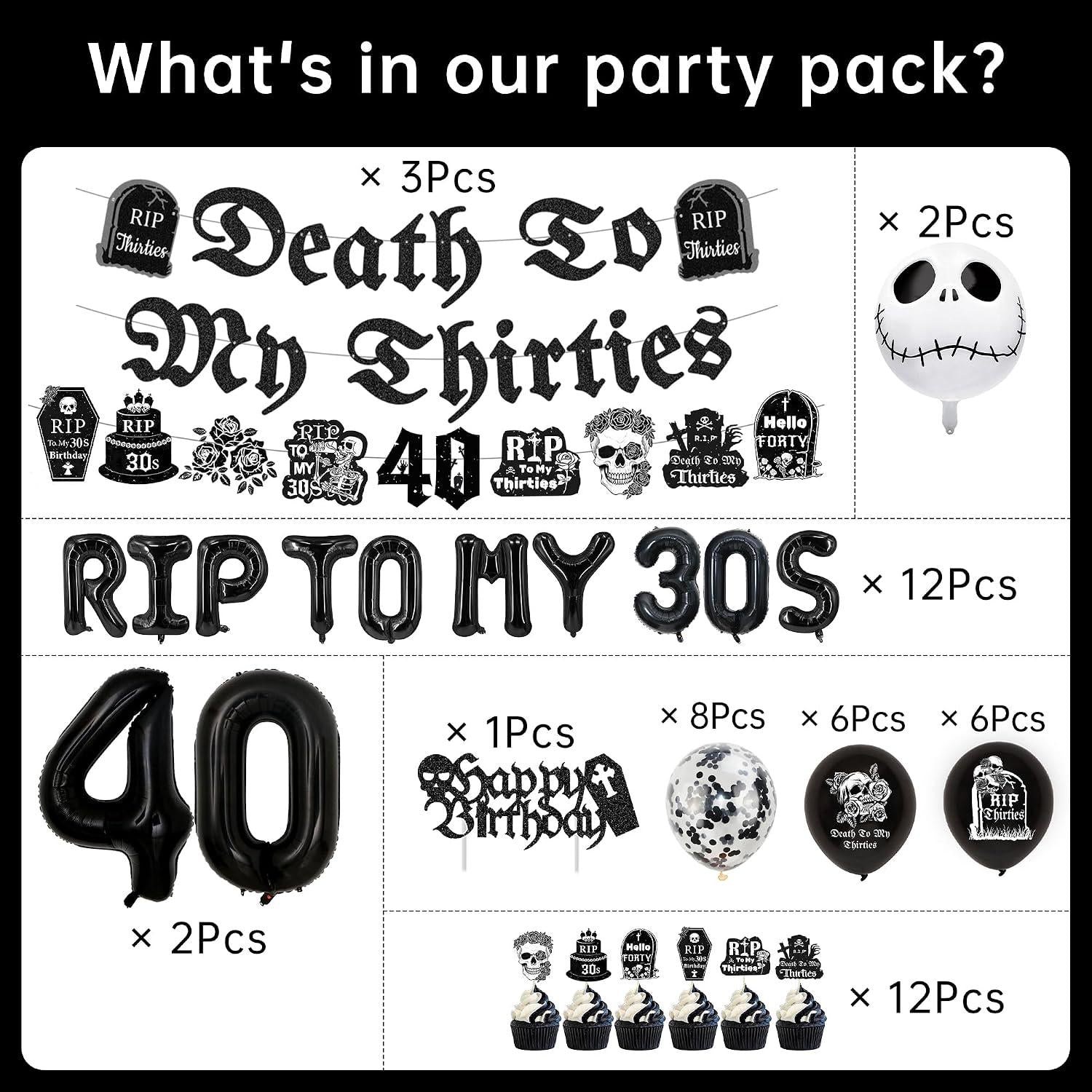 49 Pc 40th Birthday Decorations | Death to My 30s Banner Balloons Cake Toppers | Black Gothic Party Supplies