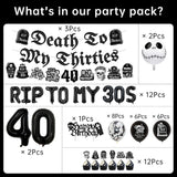 49 Pc 40th Birthday Decorations | Death to My 30s Banner Balloons Cake Toppers | Black Gothic Party Supplies