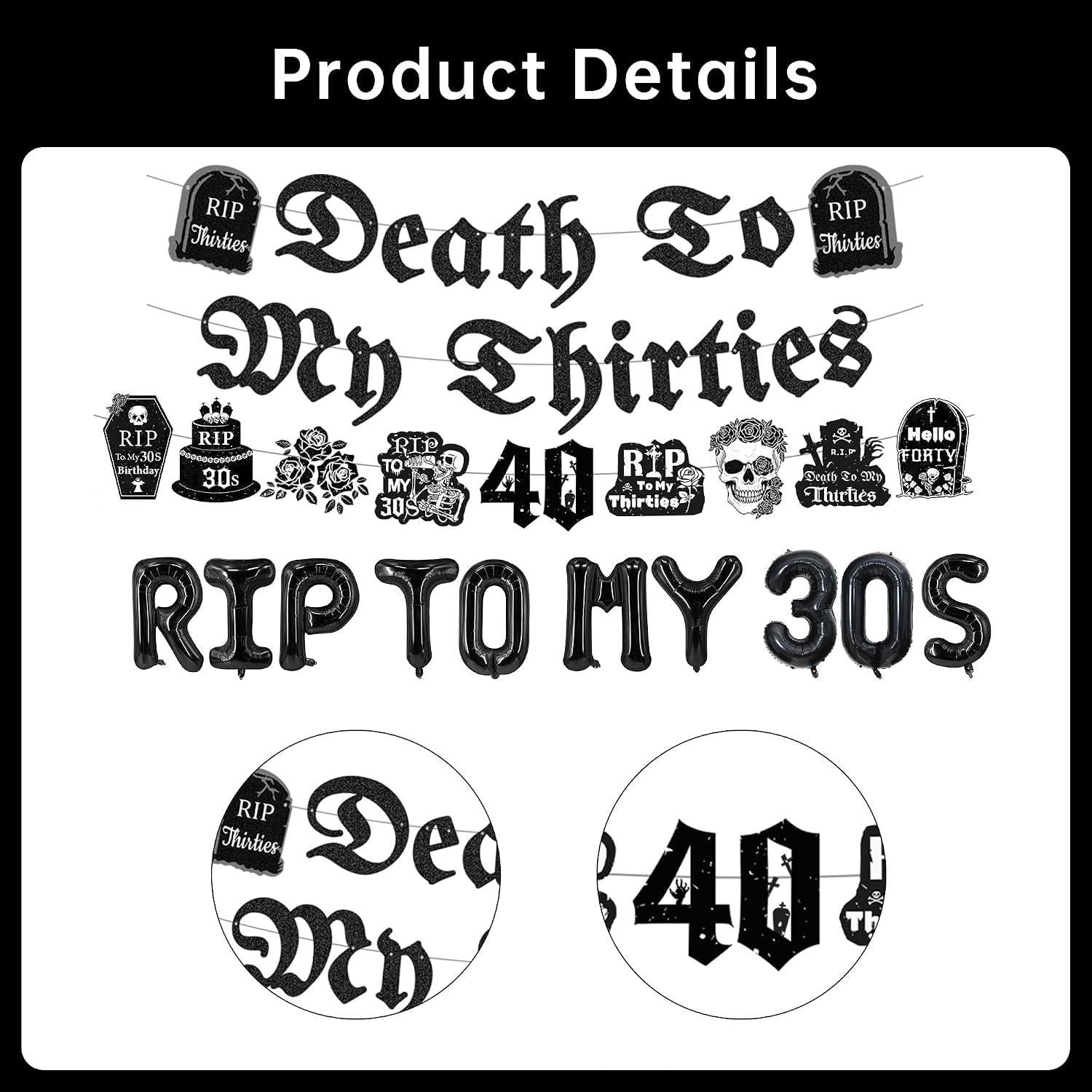 49 Pc 40th Birthday Decorations | Death to My 30s Banner Balloons Cake Toppers | Black Gothic Party Supplies