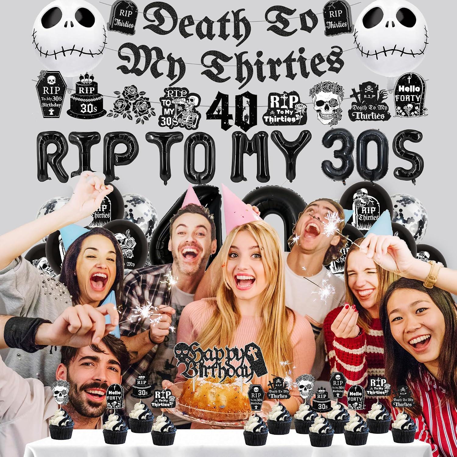 49 Pc 40th Birthday Decorations | Death to My 30s Banner Balloons Cake Toppers | Black Gothic Party Supplies