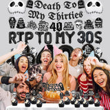 49 Pc 40th Birthday Decorations | Death to My 30s Banner Balloons Cake Toppers | Black Gothic Party Supplies