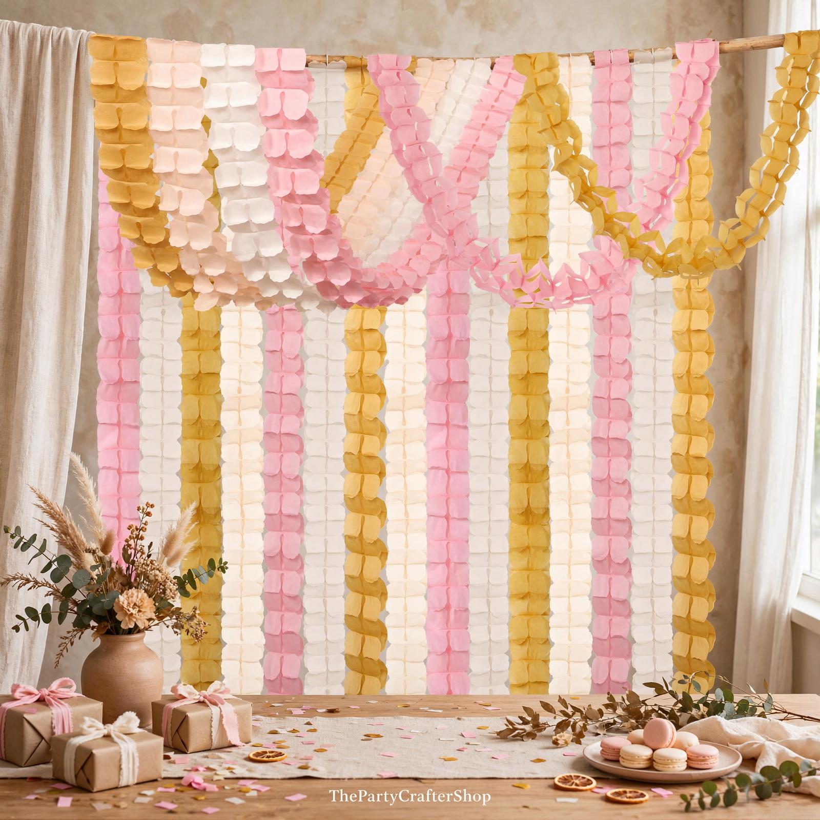 Pink Peach Gold Streamer Garland | Four Leaf Clover Paper Banner | Bridal Shower Decor