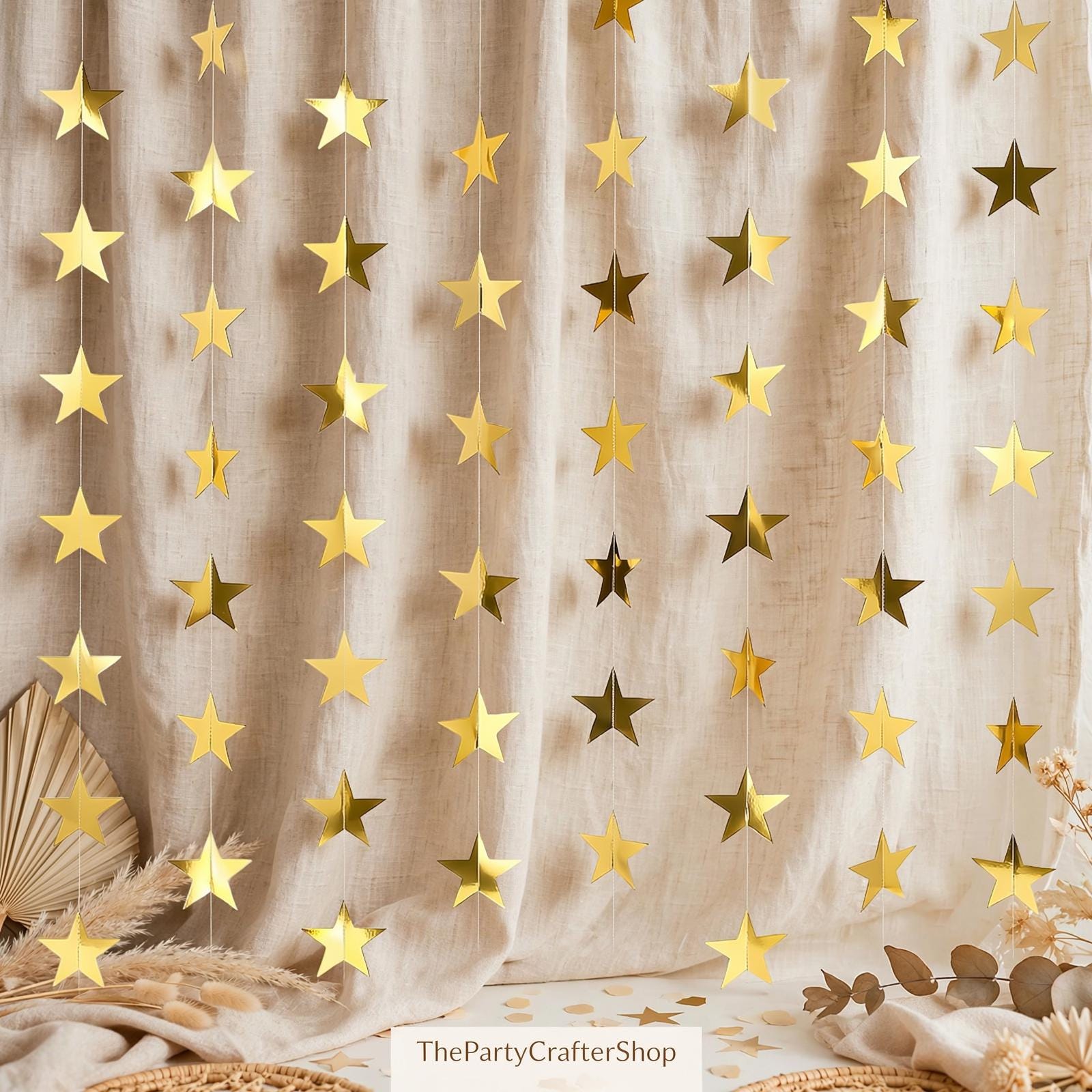 104ft Gold Star Garland | 8 Pc Glitter Hanging Star Banner | Birthday Wedding Christmas Party Decorations