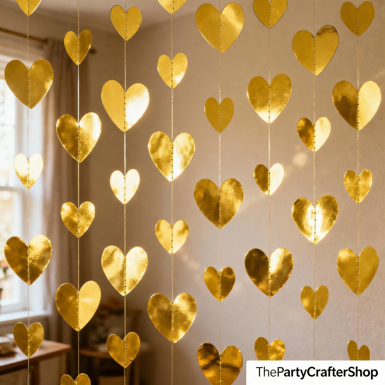 Metallic Gold Heart Garland | 56ft Glitter Paper Banner (Valentine, Birthday, Baby Shower)