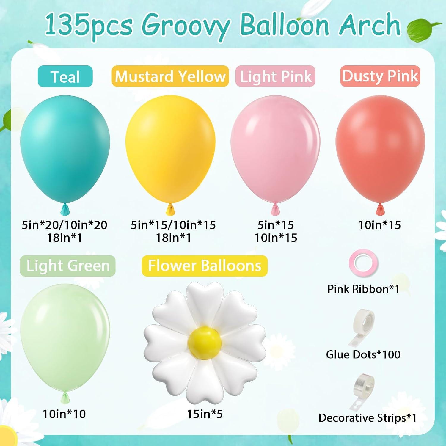 Daisy Balloon Arch Kit | Teal, Yellow, Green, Pink Balloons | Groovy Party Decor