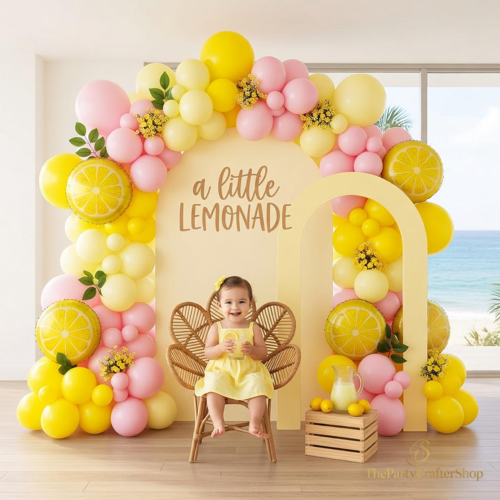 Lemon Balloon Arch Kit | Yellow Garland, Lemon Leaves, Pink Lemonade Decor