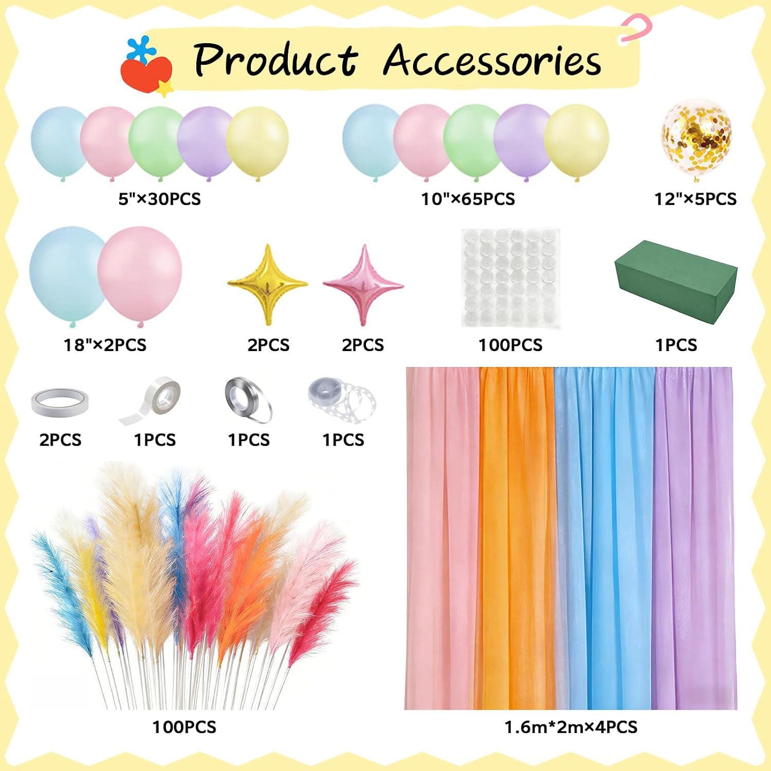 316 Pc Pastel Party Decoration Set | Macaron Balloon Arch Pampas Grass Gauze Curtain | Baby Shower Wedding Decor