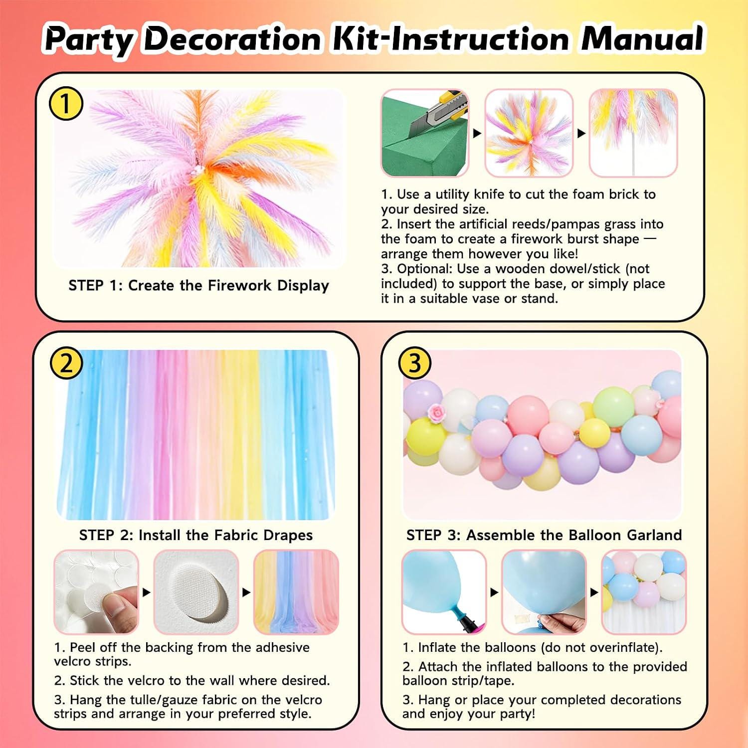 316 Pc Pastel Party Decoration Set | Macaron Balloon Arch Pampas Grass Gauze Curtain | Baby Shower Wedding Decor