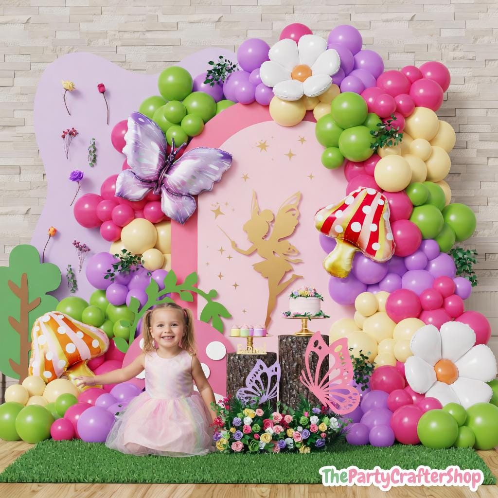 Fairy Balloon Arch Kit | Lavender, Green, Rainbow Balloons, Daisy, Butterfly, Mushroom Decor