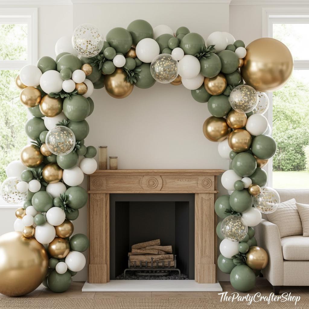 Sage Green Balloon Arch Kit | Olive, Dusty Green, White Gold Confetti Balloons