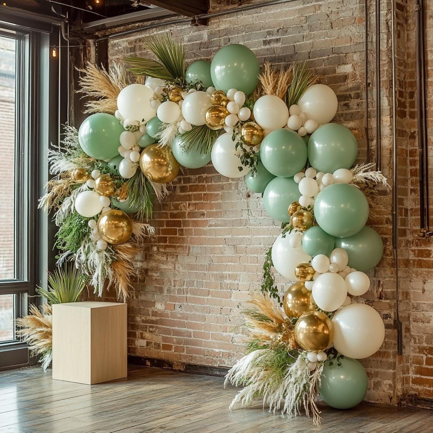 Sage Green Balloon Arch Kit | Olive, Dusty Green, White Gold Confetti Balloons