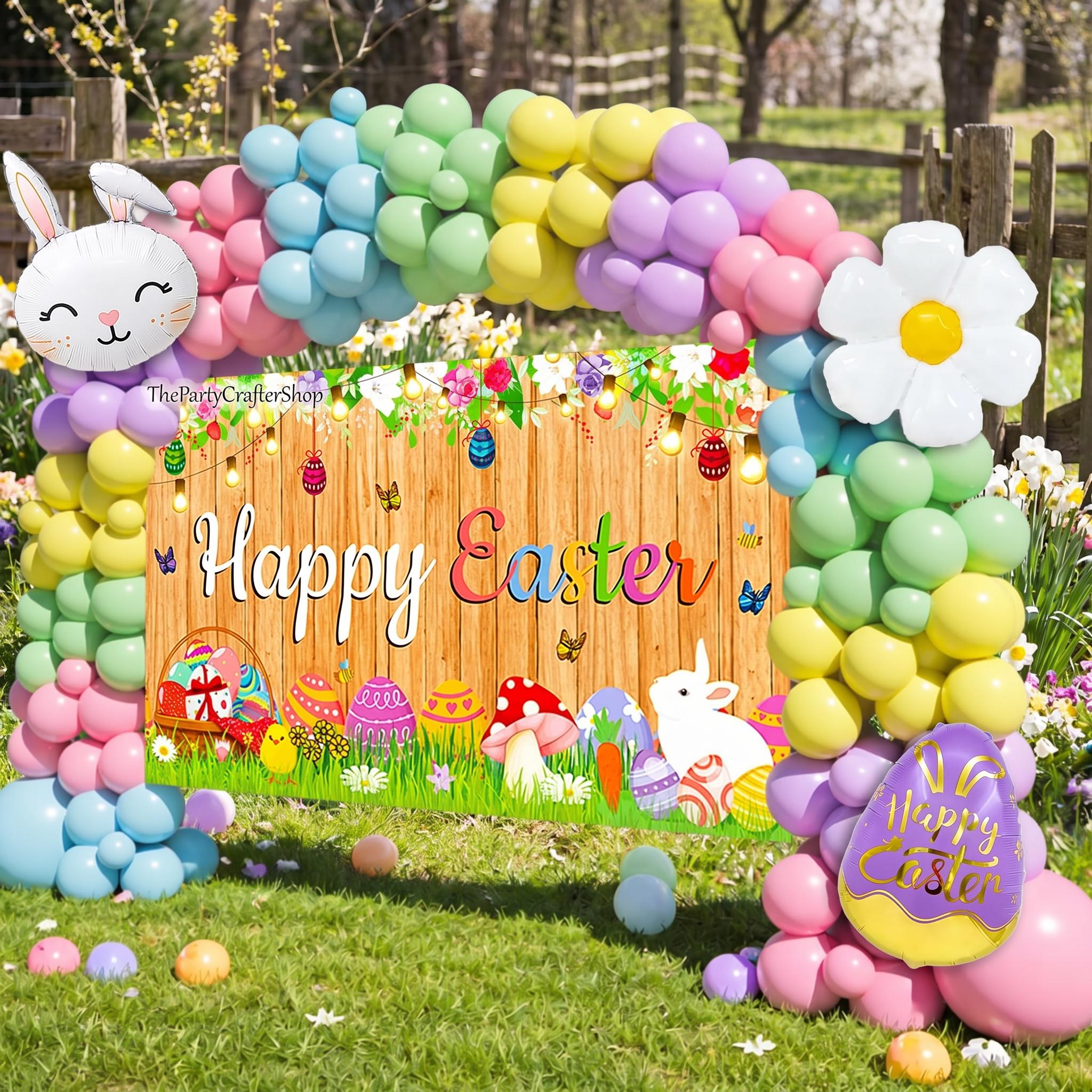 Pastel Easter Balloon Arch Kit with Happy Easter Backdrop Banner