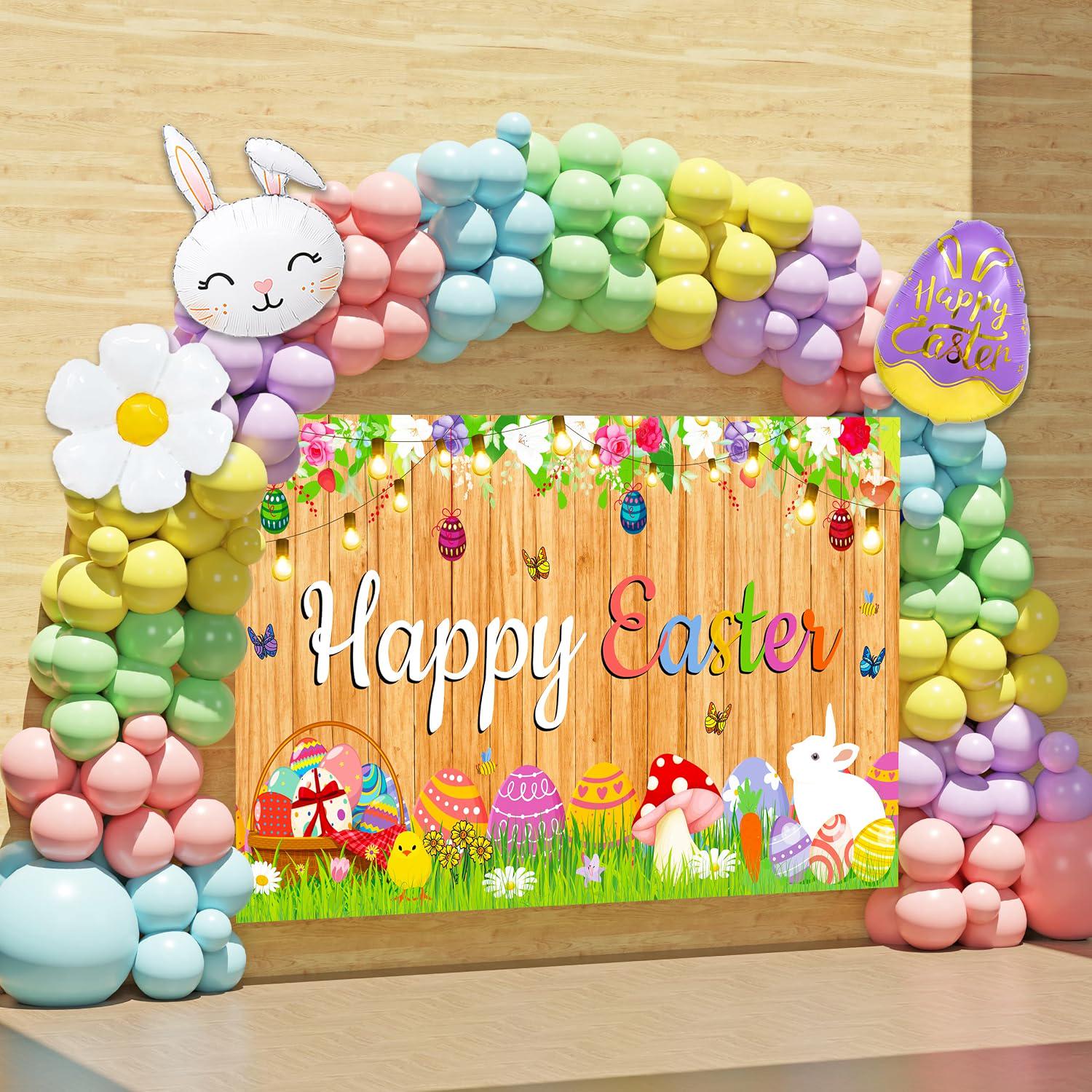 Pastel Easter Balloon Arch Kit with Happy Easter Backdrop Banner