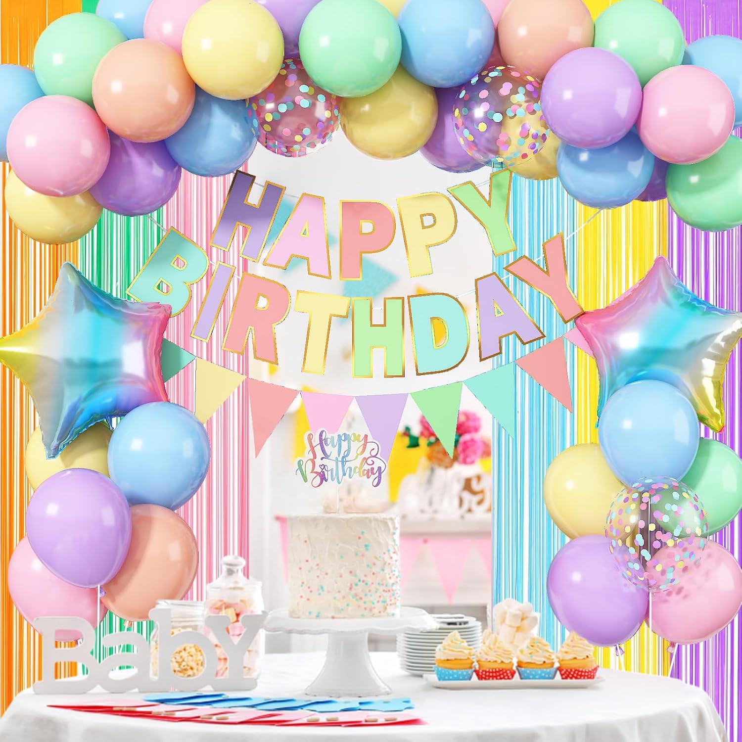 Pastel Birthday Decorations Set | Macaron Rainbow Balloons Banner Fringe Curtain | Girls Baby Shower Decor
