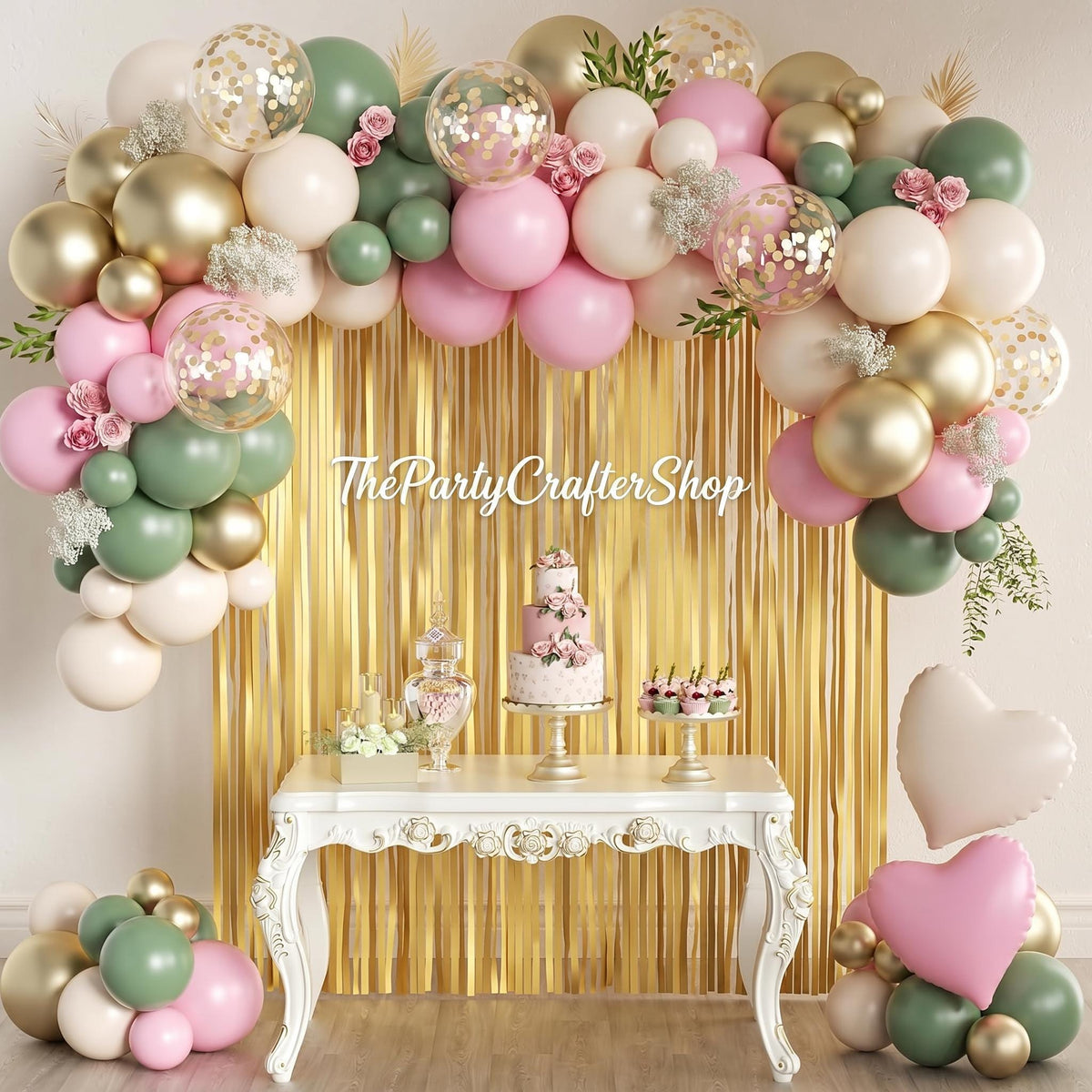 Sage Green Pink Gold Balloon Arch Kit | Fringe Curtain Backdrop, Party Decor