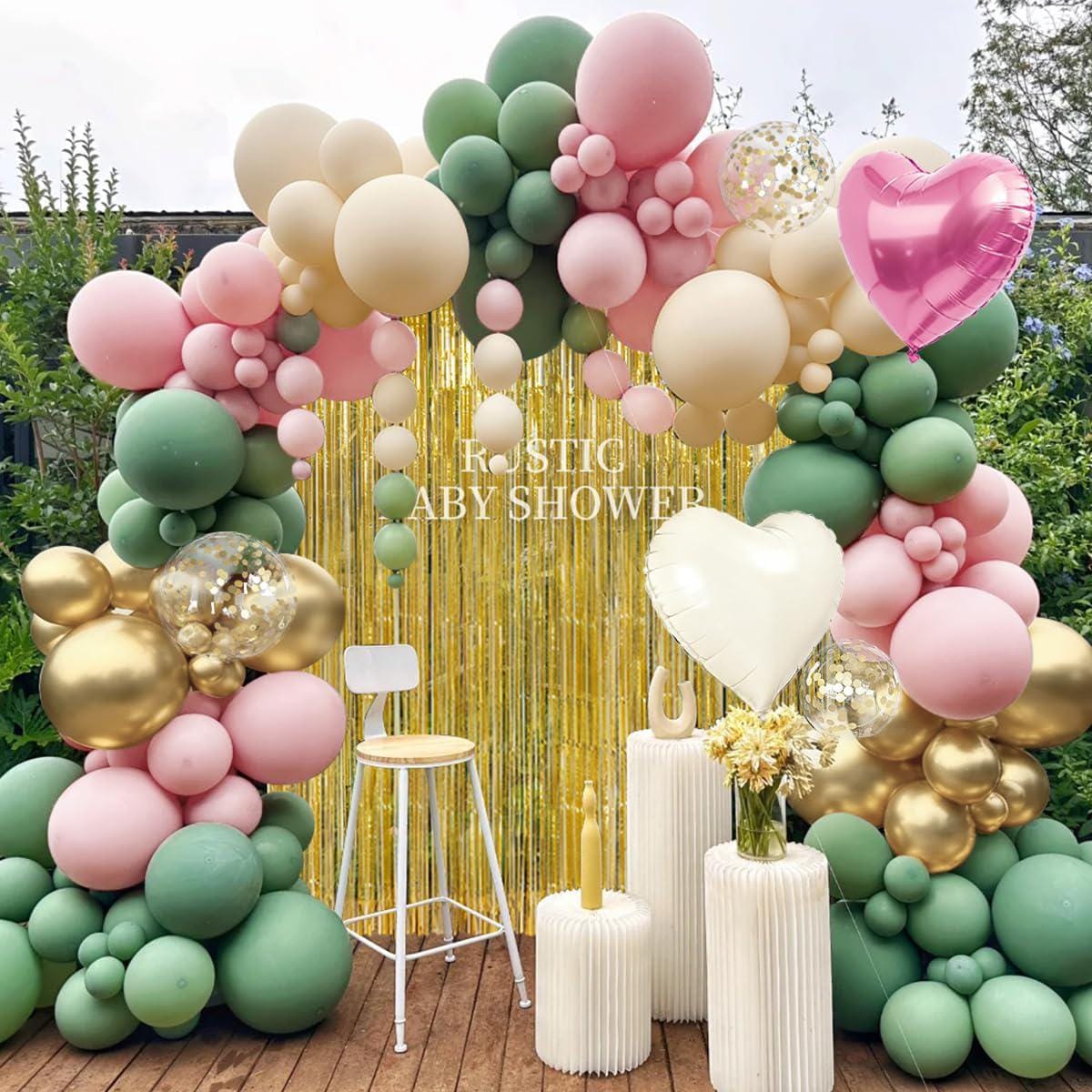 Sage Green Pink Gold Balloon Arch Kit | Fringe Curtain Backdrop, Party Decor