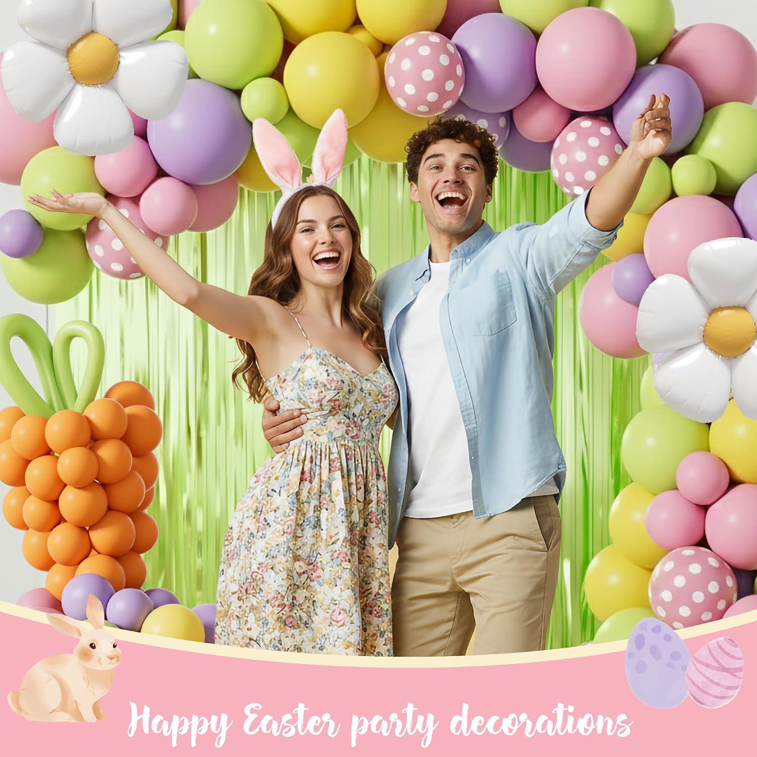 Easter Party Decorations Kit | Bunny Balloon Garland, Banner, Cake Toppers, Fringe Curtain
