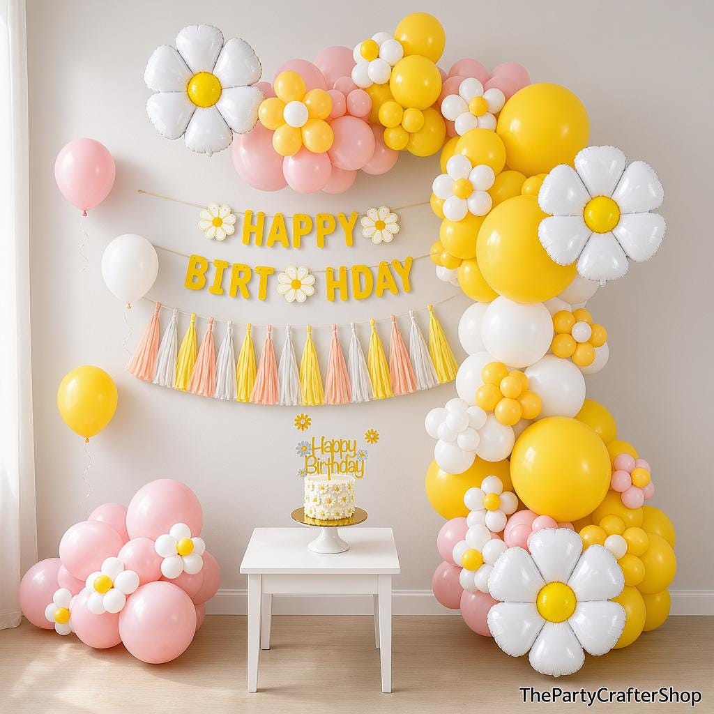 Daisy Birthday Party Decorations | Pink Yellow White Balloon Arch Banner Cake Topper