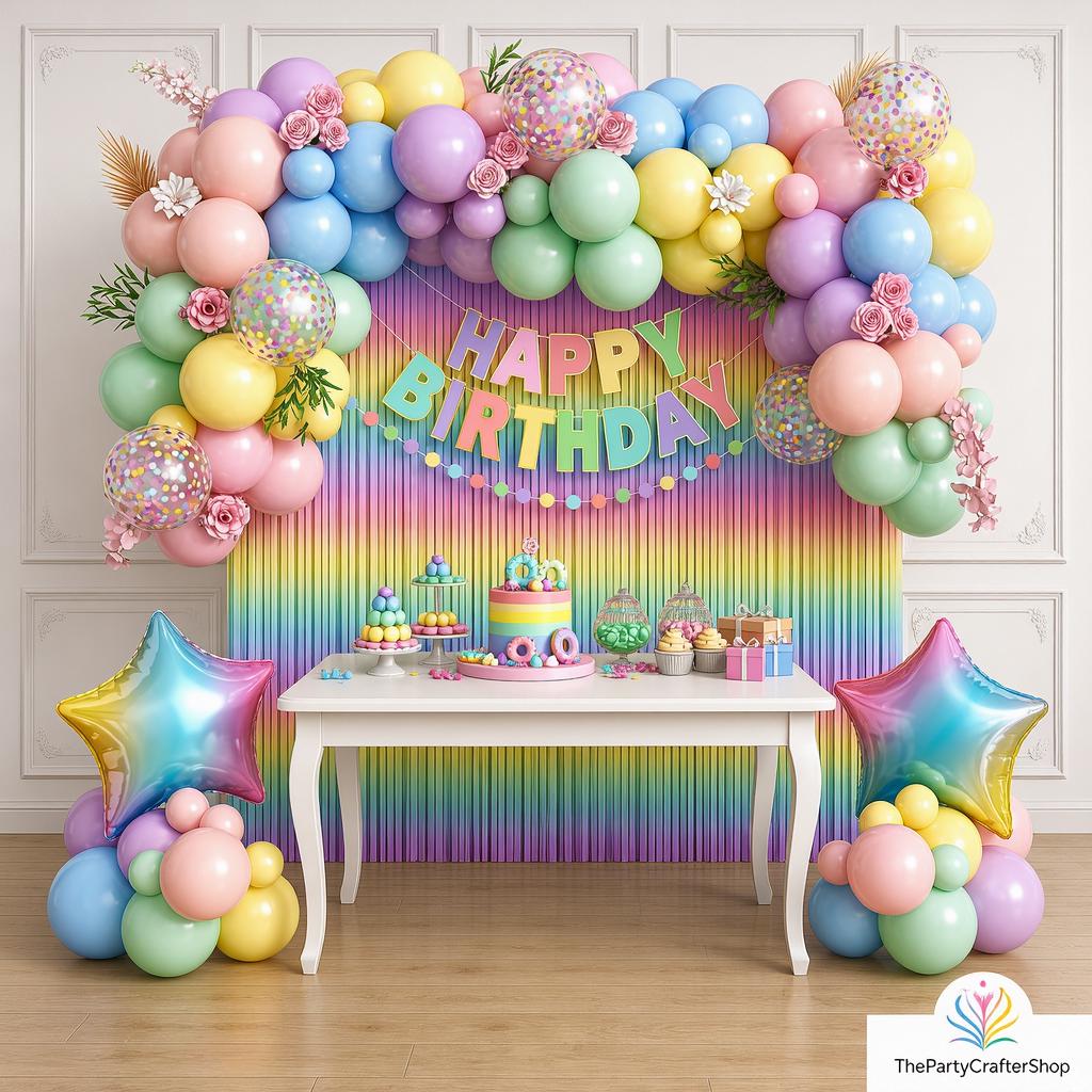 Pastel Macaron Balloon Arch Kit | Rainbow Fringe Backdrop, Birthday Banner, Baby Shower Decor