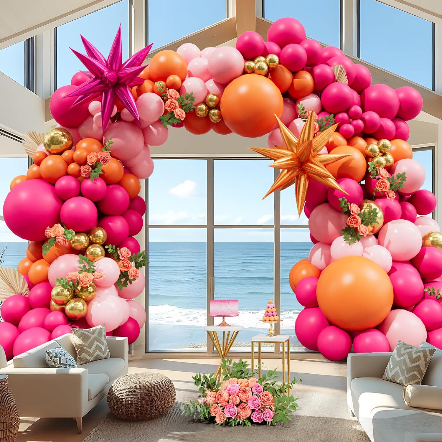 Pink Orange Balloon Arch Kit | Tropical Double Stuffed Garland, Star Foils (Party Decor)