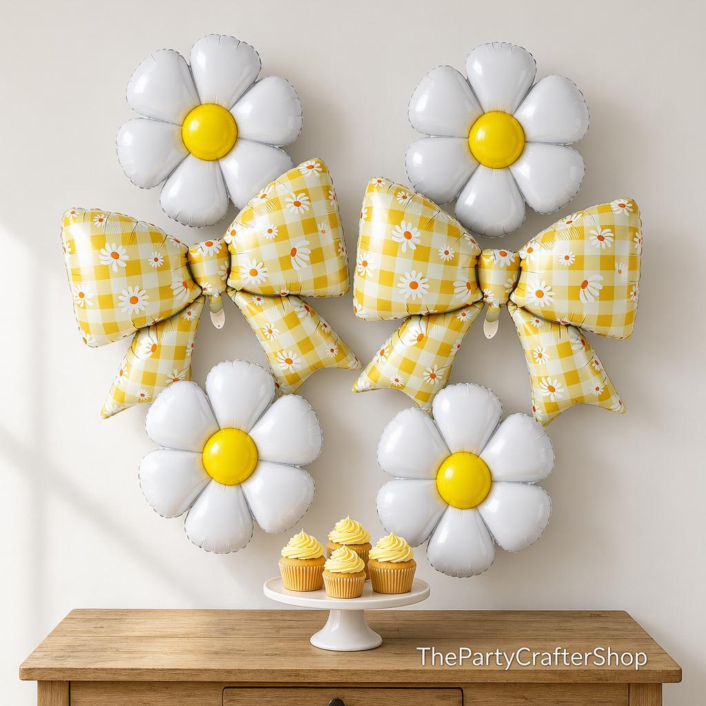 Daisy Bow Foil Balloons | Gingham Floral Party Decorations