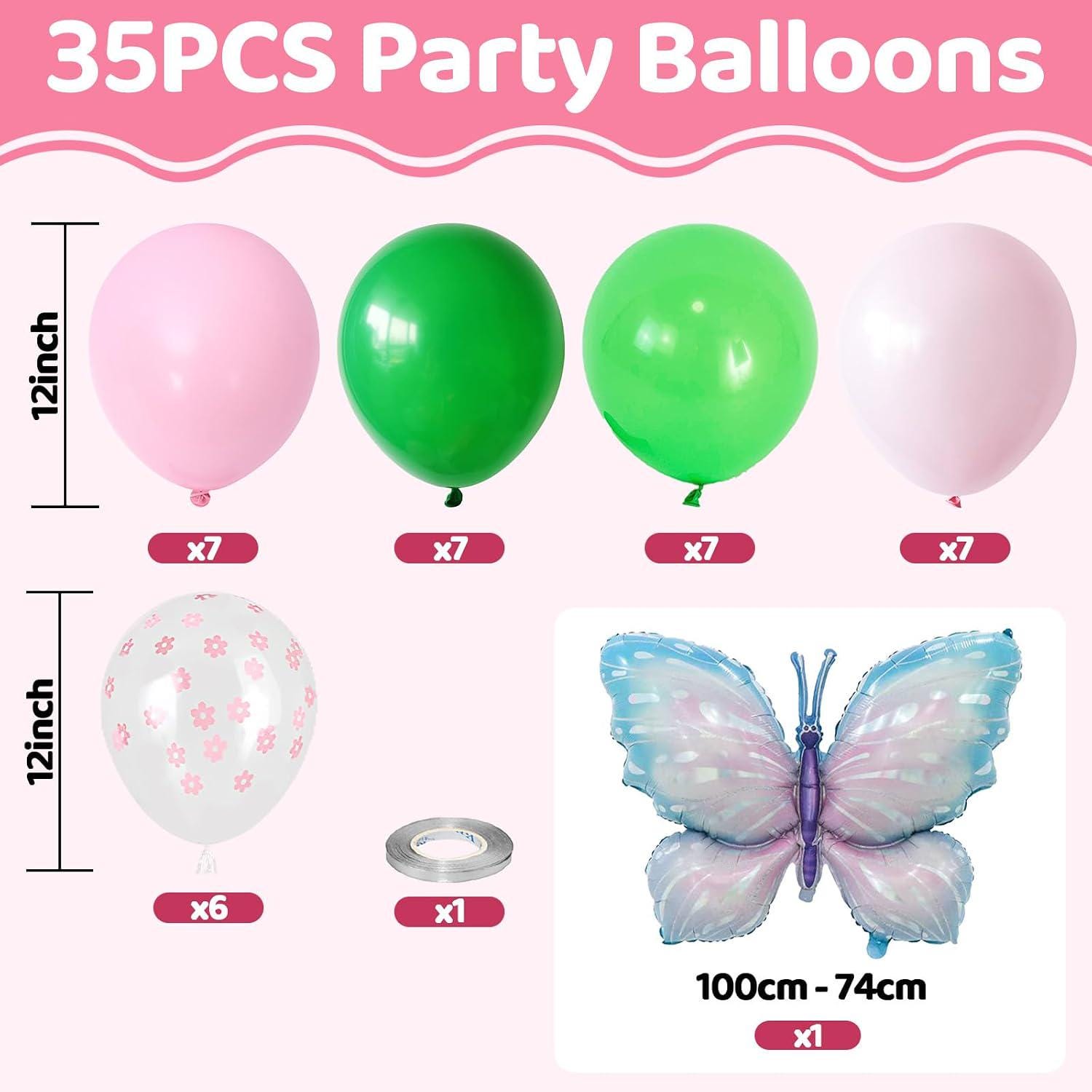 Pink Green Flower Balloons with Butterfly Foil | Garden Tea Party Decor