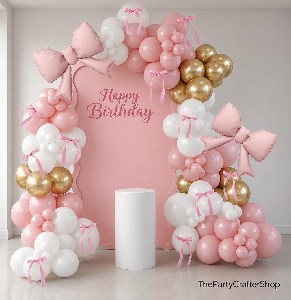 Pink White Gold Bow Balloon Arch Garland | Coquette Party Decor